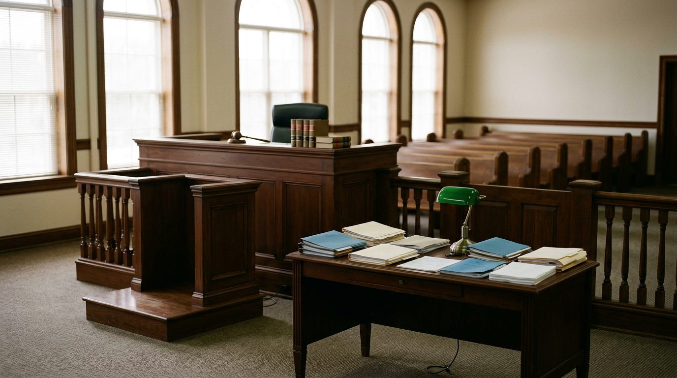 Judge's bench and witness stand in empty Florida courtroom during hearing.