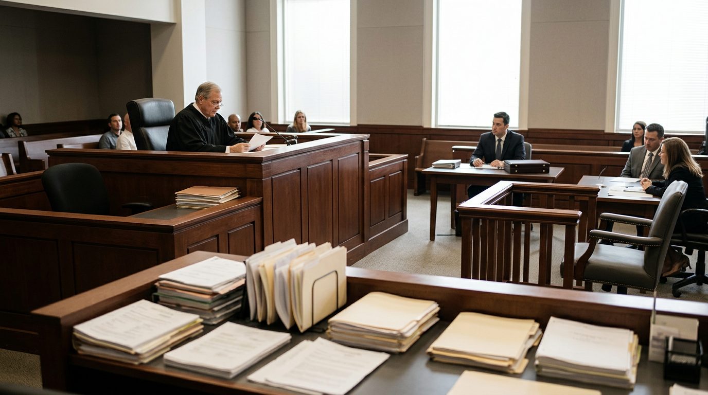 Judge's bench and witness stand in empty Florida courtroom during guardianship hearing.
