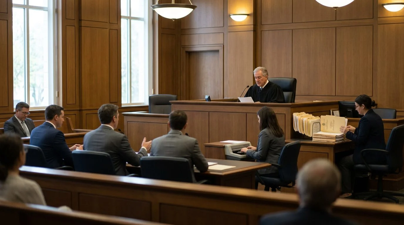 Judge's bench and witness stand in empty Florida courtroom during guardianship hearing.