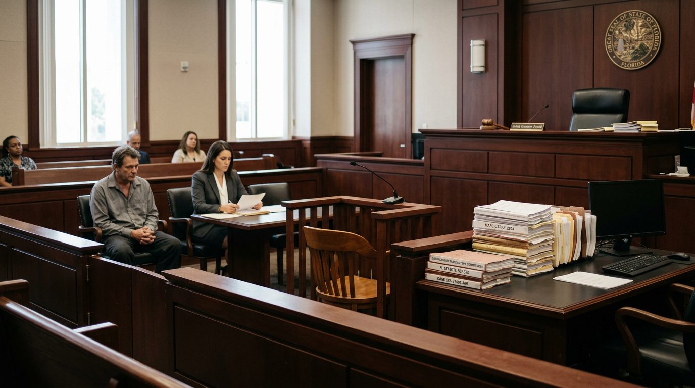 Judge's bench and witness stand in empty Florida courtroom during guardianship hearing.
