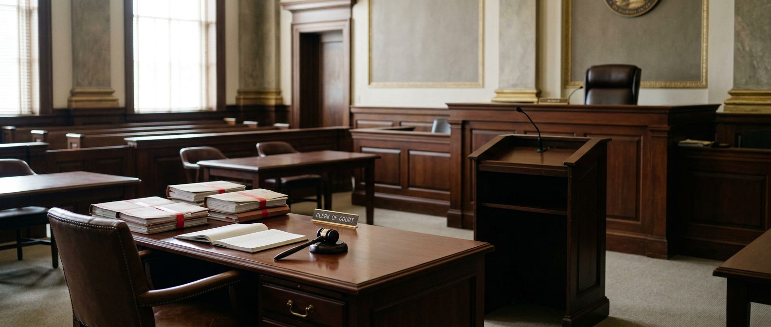 Judge's bench and witness stand in empty Florida courtroom during guardianship hearing.