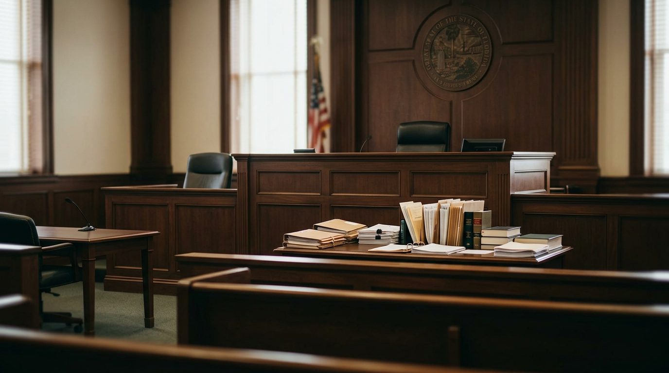 Judge's bench and witness stand in empty Florida courtroom during guardianship hearing.