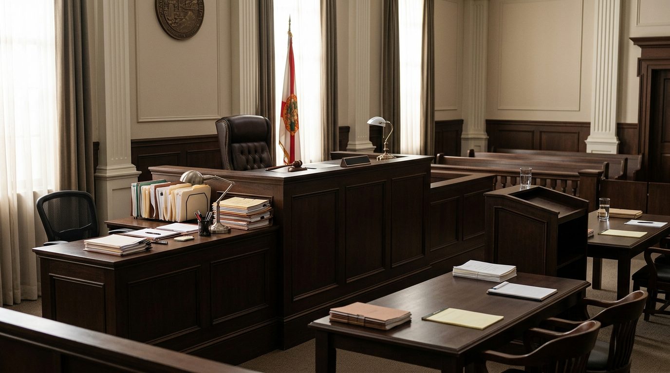 Judge's bench and witness stand in empty Florida courtroom during guardianship hearing.