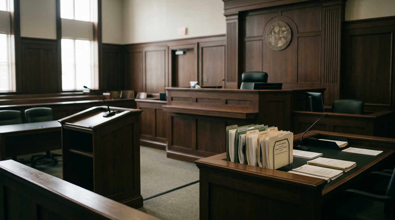 Judge's bench and witness stand in empty Florida courtroom during guardianship hearing.