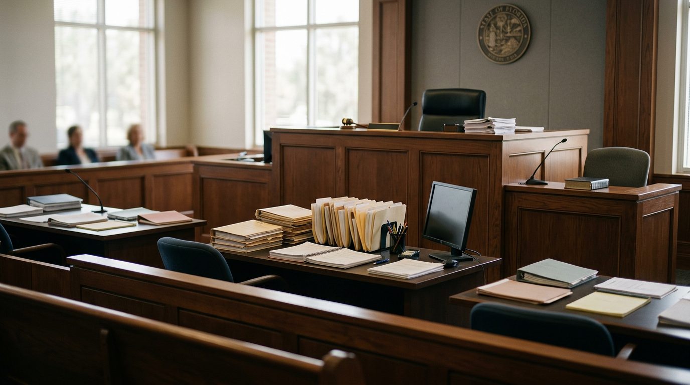 Judge's bench and witness stand in empty Florida courtroom with case files on clerk's desk.