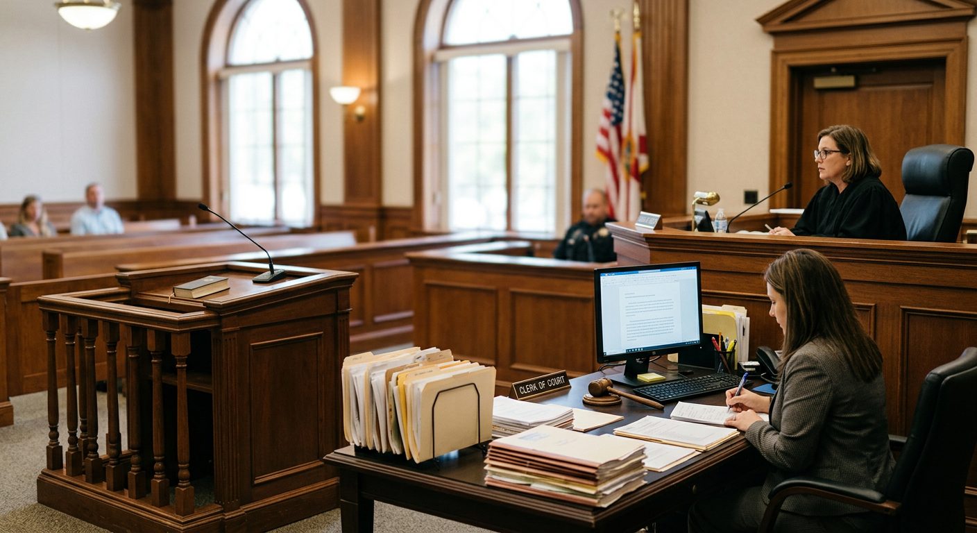 Judge's bench and witness stand in empty Florida courtroom with case files on clerk's desk.