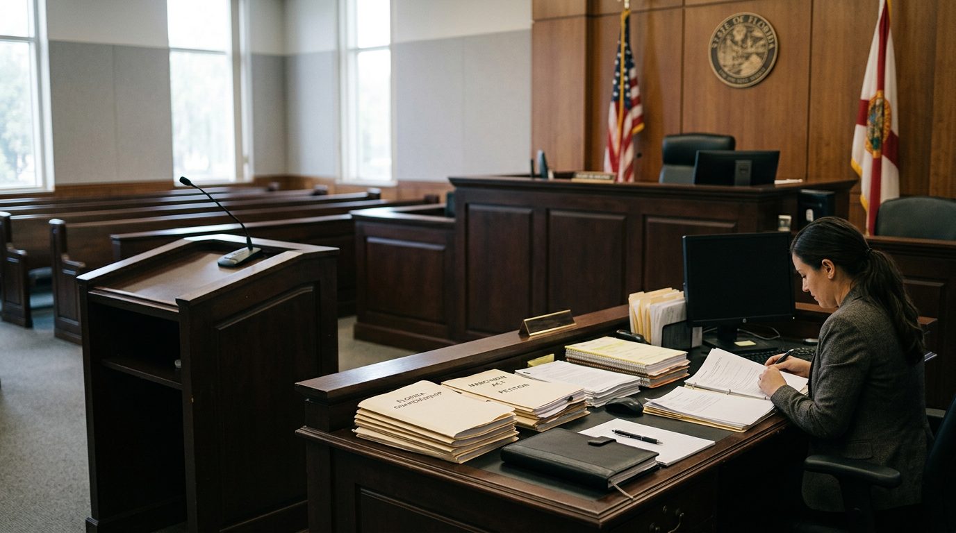 Judge's bench and witness stand in empty Florida courtroom with case files on clerk's desk.