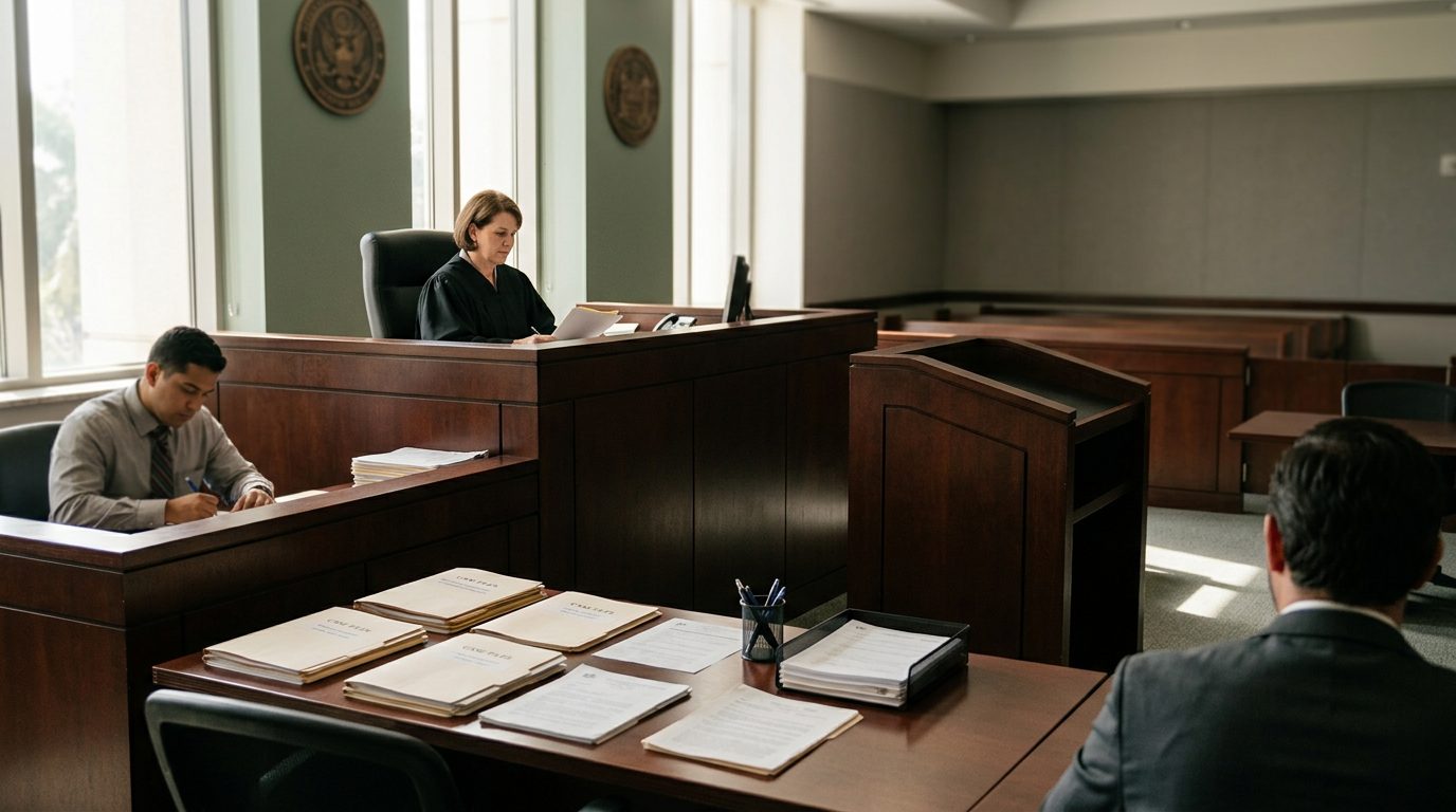 Judge's bench and witness stand in Miami-Dade courtroom during guardianship hearing.