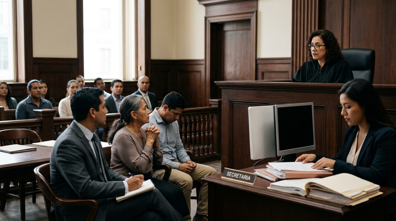 Juez en sala de audiencia durante procedimiento de tutela con expedientes sobre el escritorio.