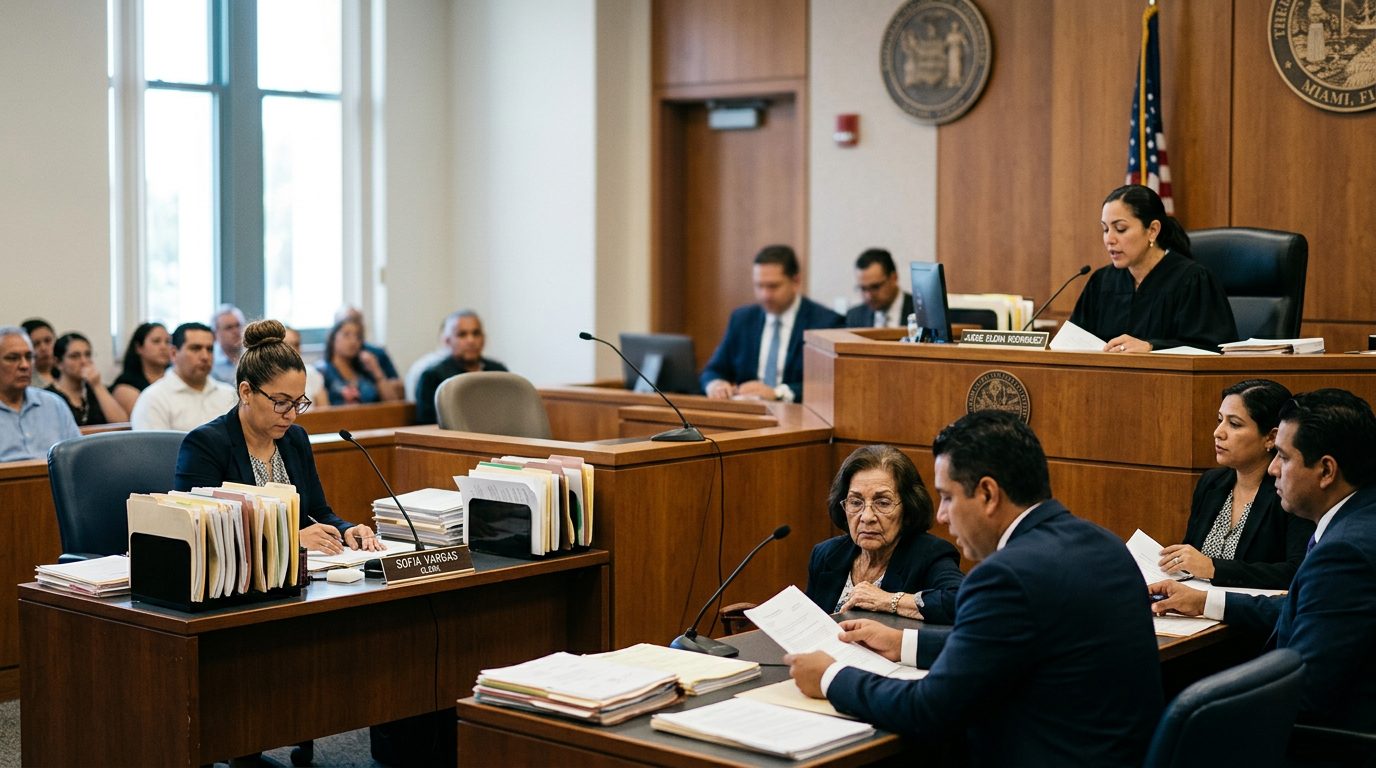Juez en sala de audiencias con escritorio de secretaría y expedientes de casos legales.