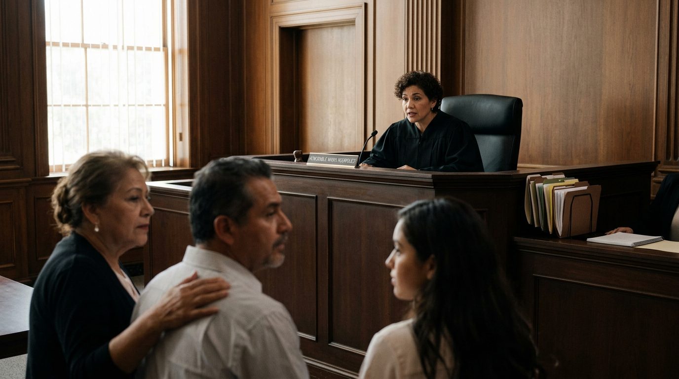 Juez en sala de audiencias durante vista de tutela con expedientes sobre escritorio del secretario.