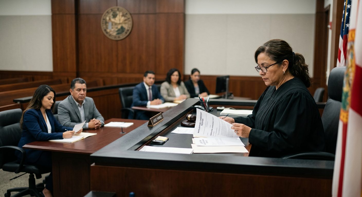 Juez revisa documentos de petición de compromiso involuntario en audiencia de Ley Marchman en tribunal.