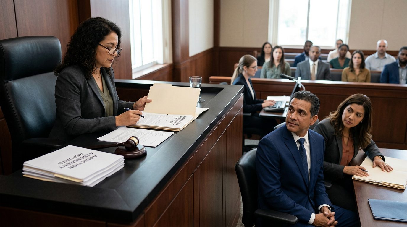 Juez revisa documentos de petición de internamiento involuntario en audiencia de Ley Marchman.