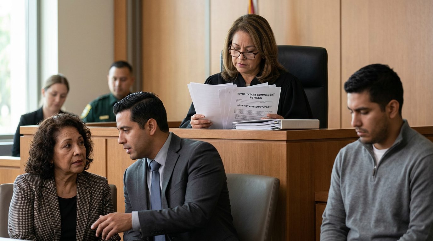 Juez revisa documentos de petición de internamiento involuntario en audiencia de Ley Marchman.