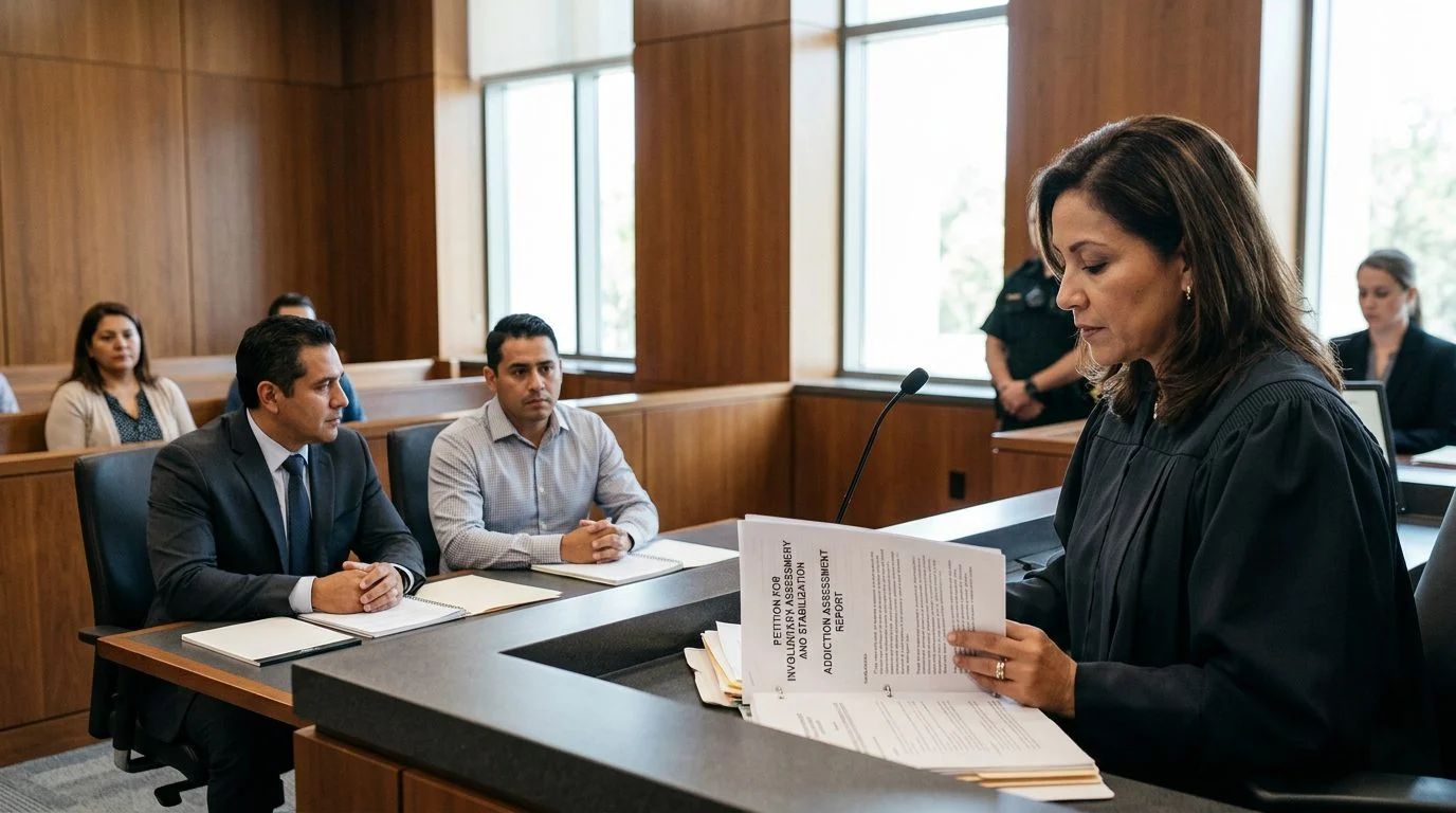 Juez revisa documentos de petición de internamiento involuntario en audiencia judicial con asesor legal presente.