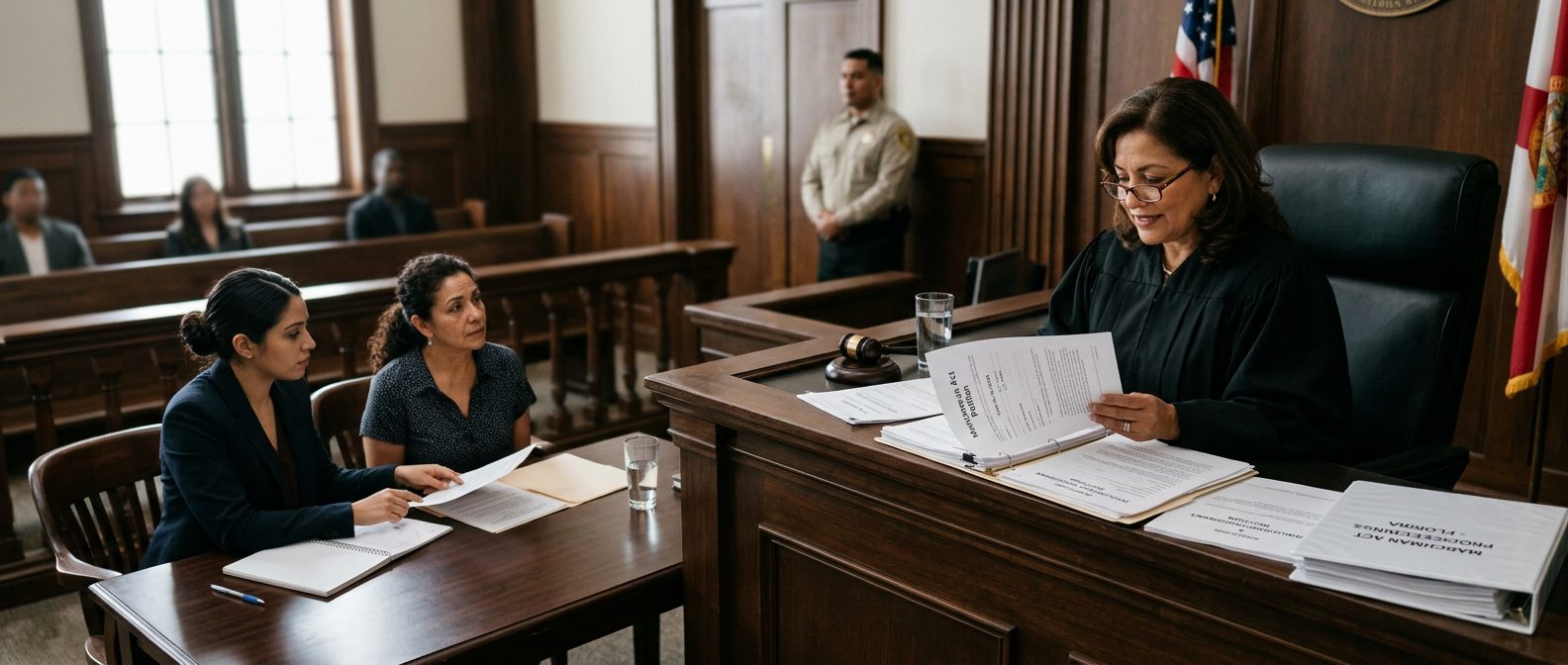 Juez revisa documentos de petición de internamiento involuntario en audiencia de la Ley Marchman.