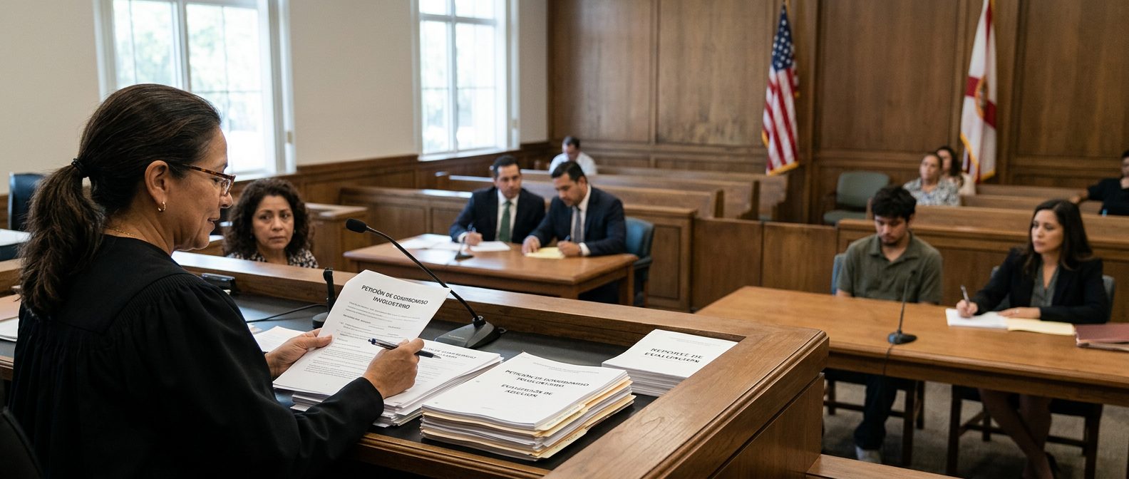 Juez revisa documentos de petición de internamiento involuntario en audiencia de Ley Marchman.