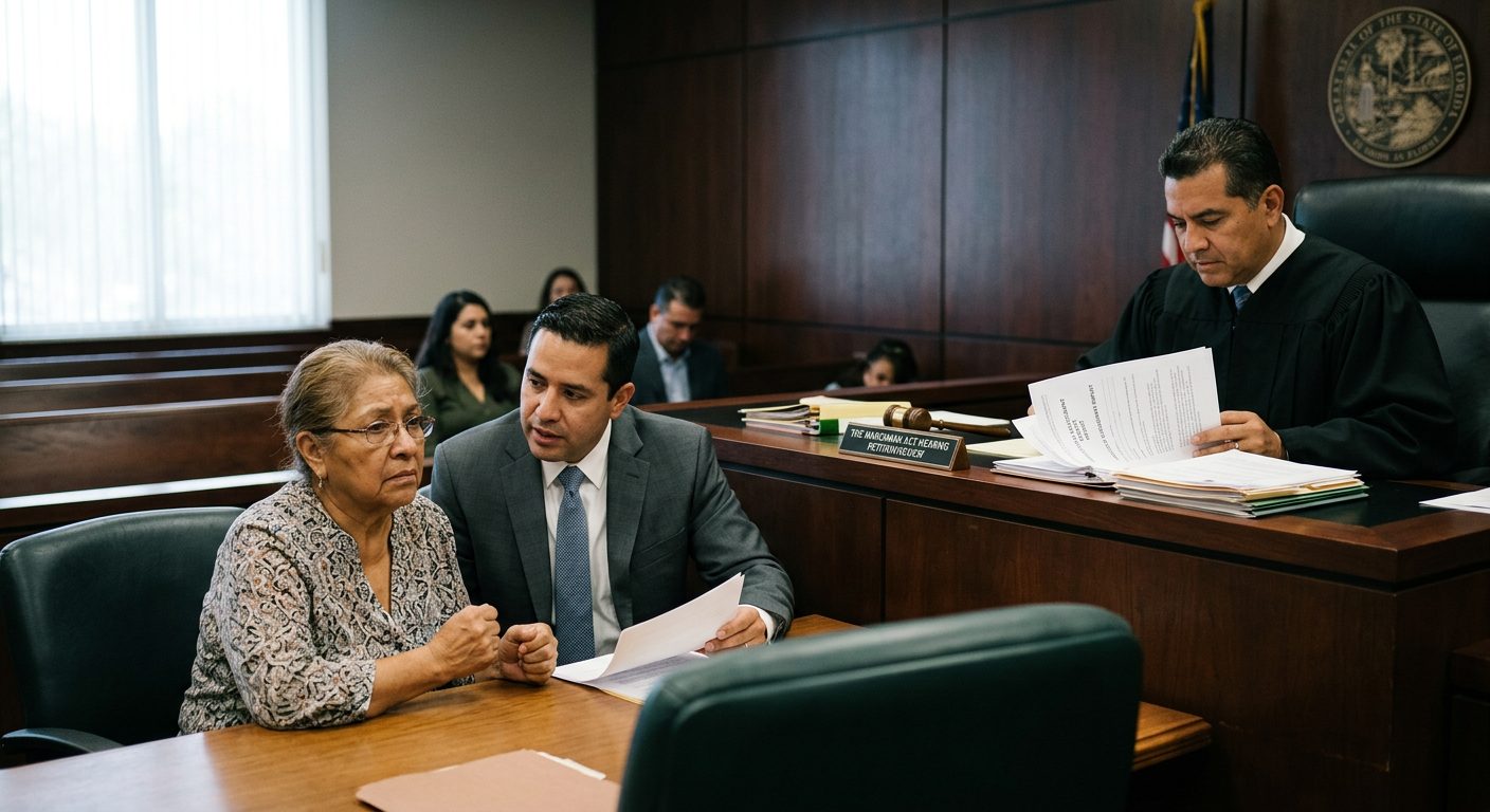 Juez revisa documentos de petición durante audiencia de la Ley Marchman en una sala de tribunales.