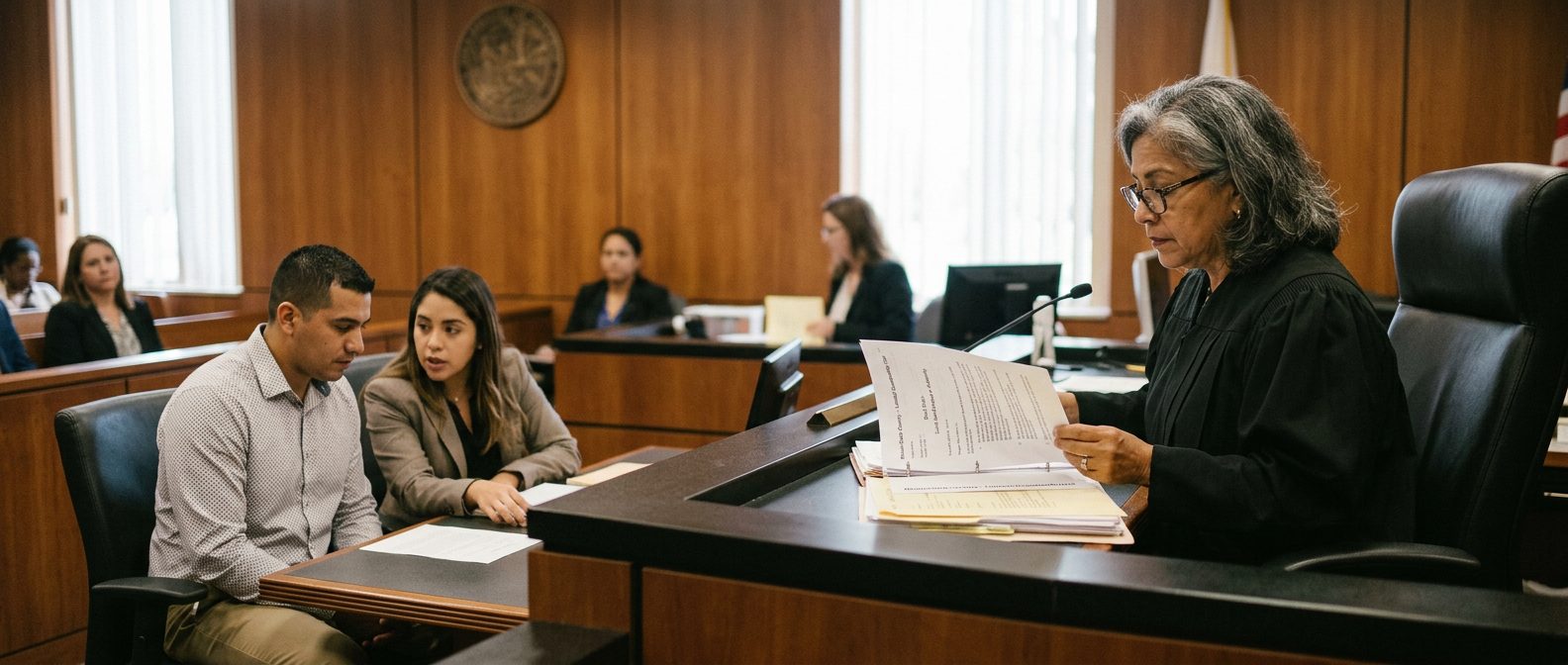 Juez revisa documentos de tutela limitada en audiencia de salud mental con abogado y demandado presente.