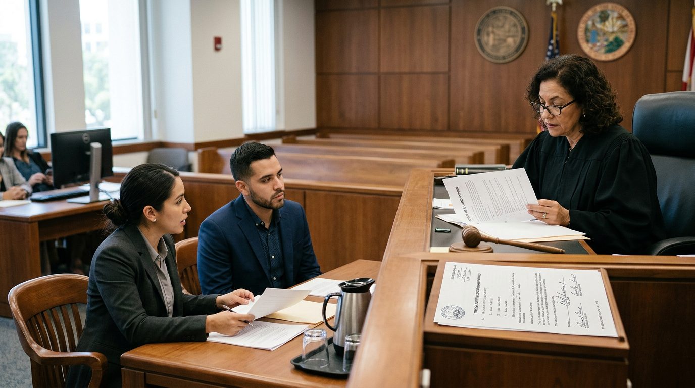 Juez revisa documentos de tutela limitada en audiencia judicial con abogado y demandado presente.