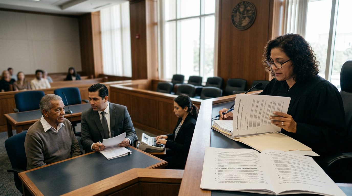 Juez revisa documentos de tutela limitada en sala de audiencias con abogados presentes.