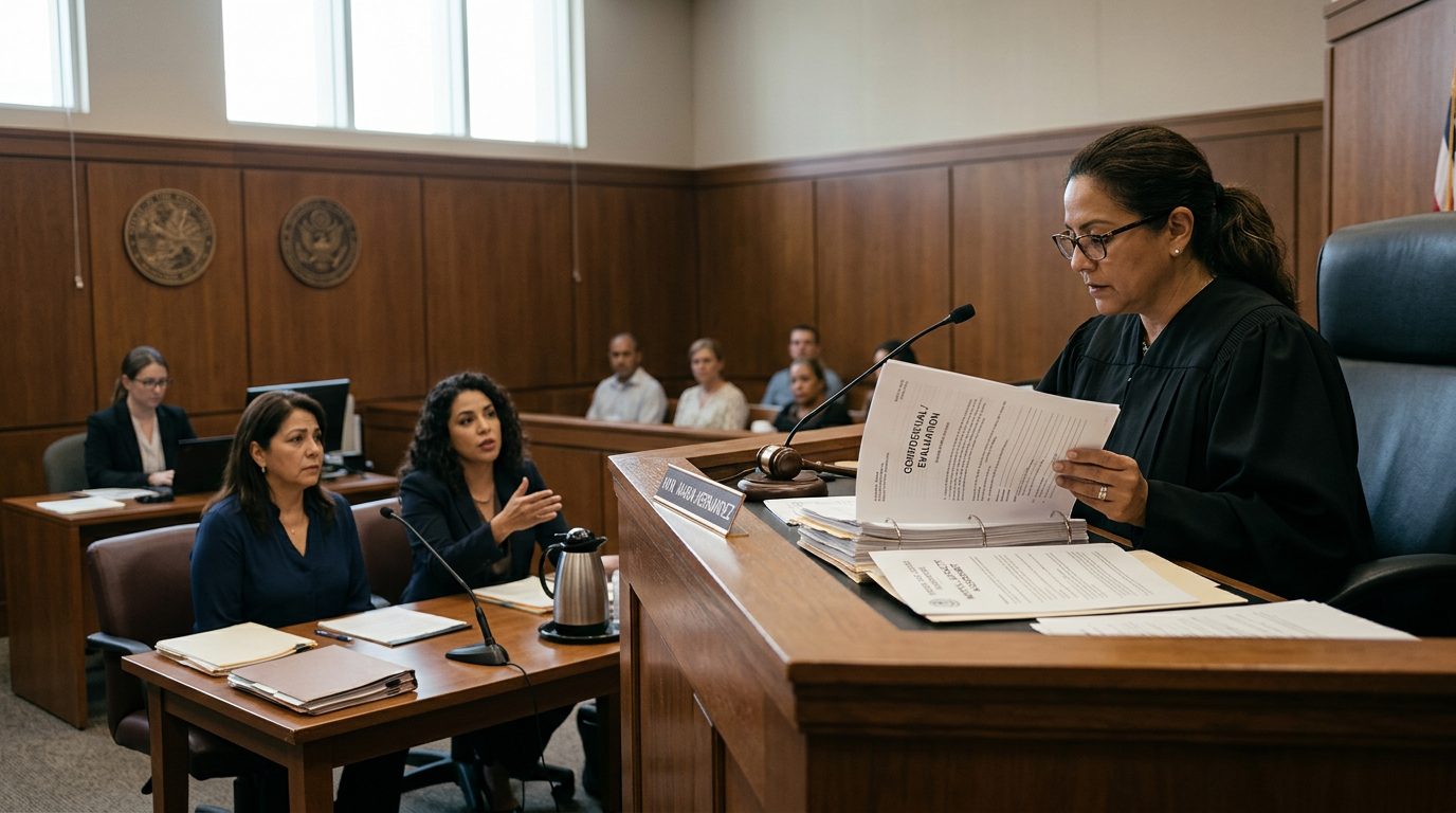 Juez revisa evaluaciones psiquiátricas en audiencia de tutela de salud mental.