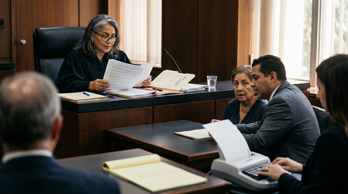 Juez revisa evaluaciones psiquiátricas en audiencia de tutela de salud mental en tribunal.
