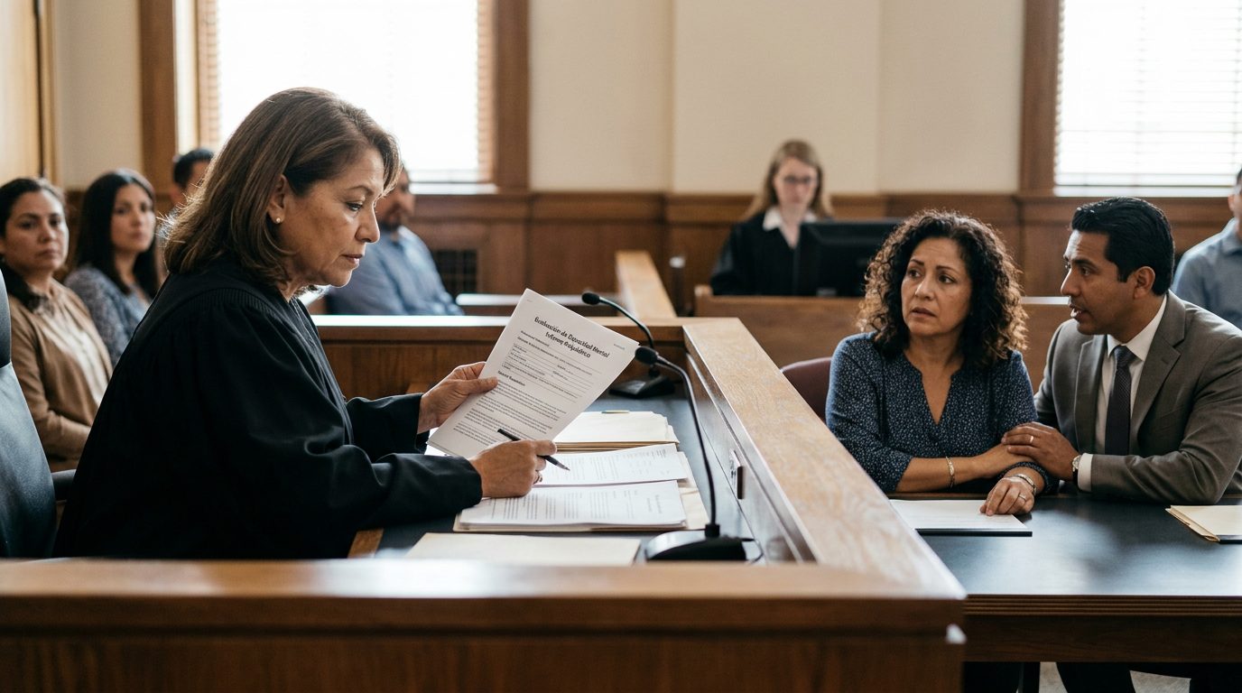 Juez revisa evaluaciones psiquiátricas en audiencia de tutela para salud mental.