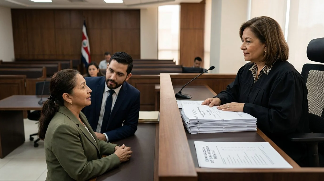 Juez revisa evaluaciones psiquiátricas en audiencia de tutela de salud mental con demandante y abogado presentes.