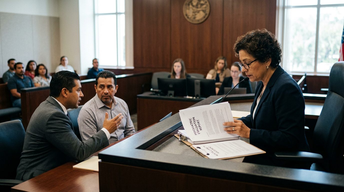 Juez revisa evaluaciones psiquiátricas en audiencia de tutela de salud mental en Florida.