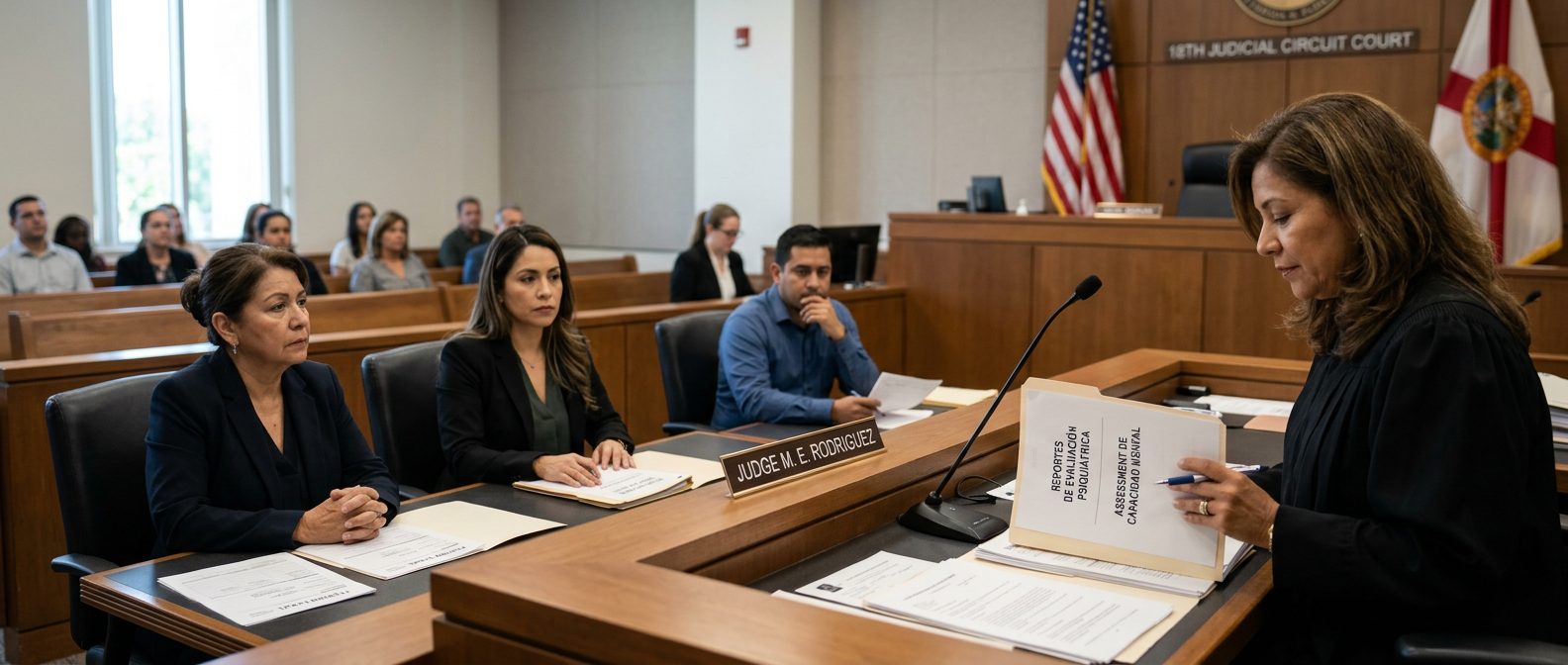 Juez revisa evaluaciones psiquiátricas en audiencia de tutela por enfermedad mental en Florida.