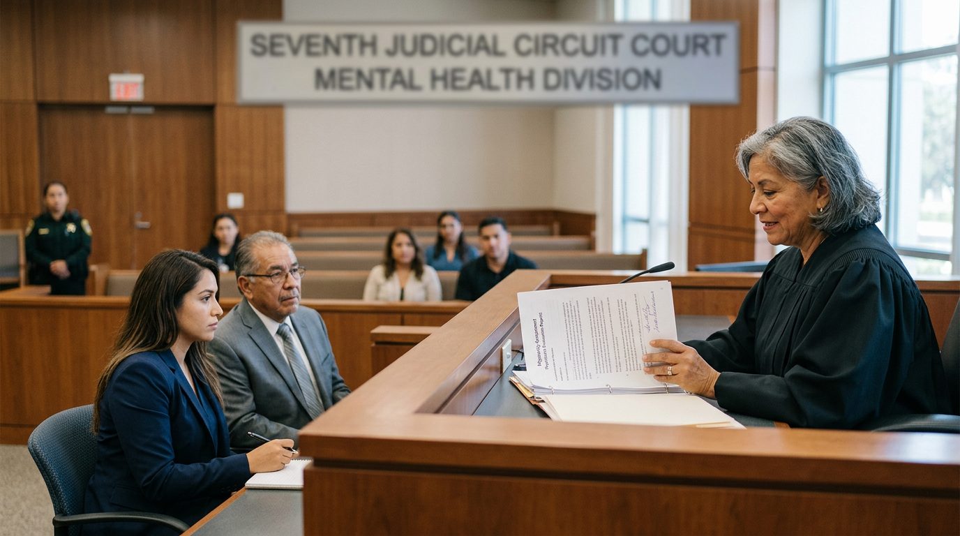 Juez revisa evaluaciones psiquiátricas en audiencia de tutela por salud mental en Florida.