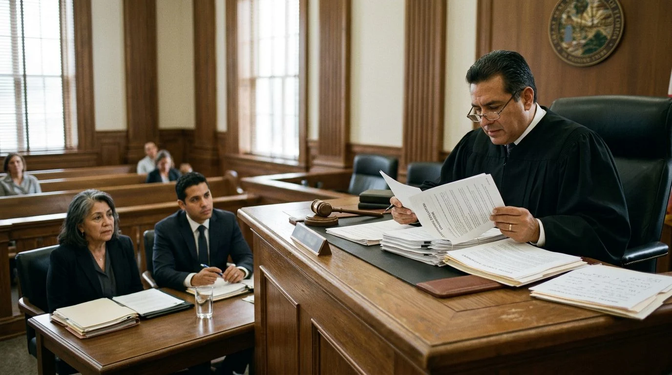 Juez revisando documentos de evaluación psiquiátrica en audiencia de tutela por enfermedad mental.