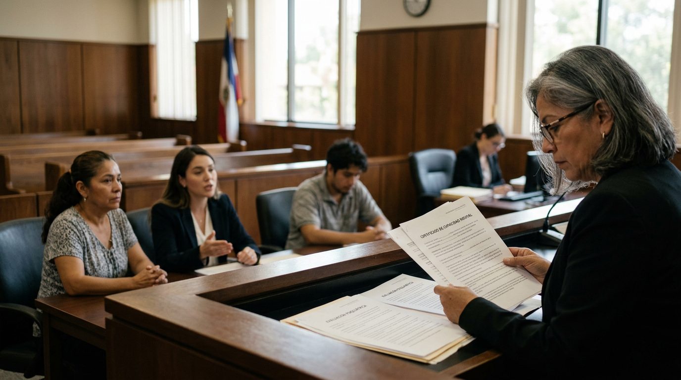 Juez revisando documentos de evaluación psiquiátrica en audiencia de tutela mental con personas hispanas presentes.