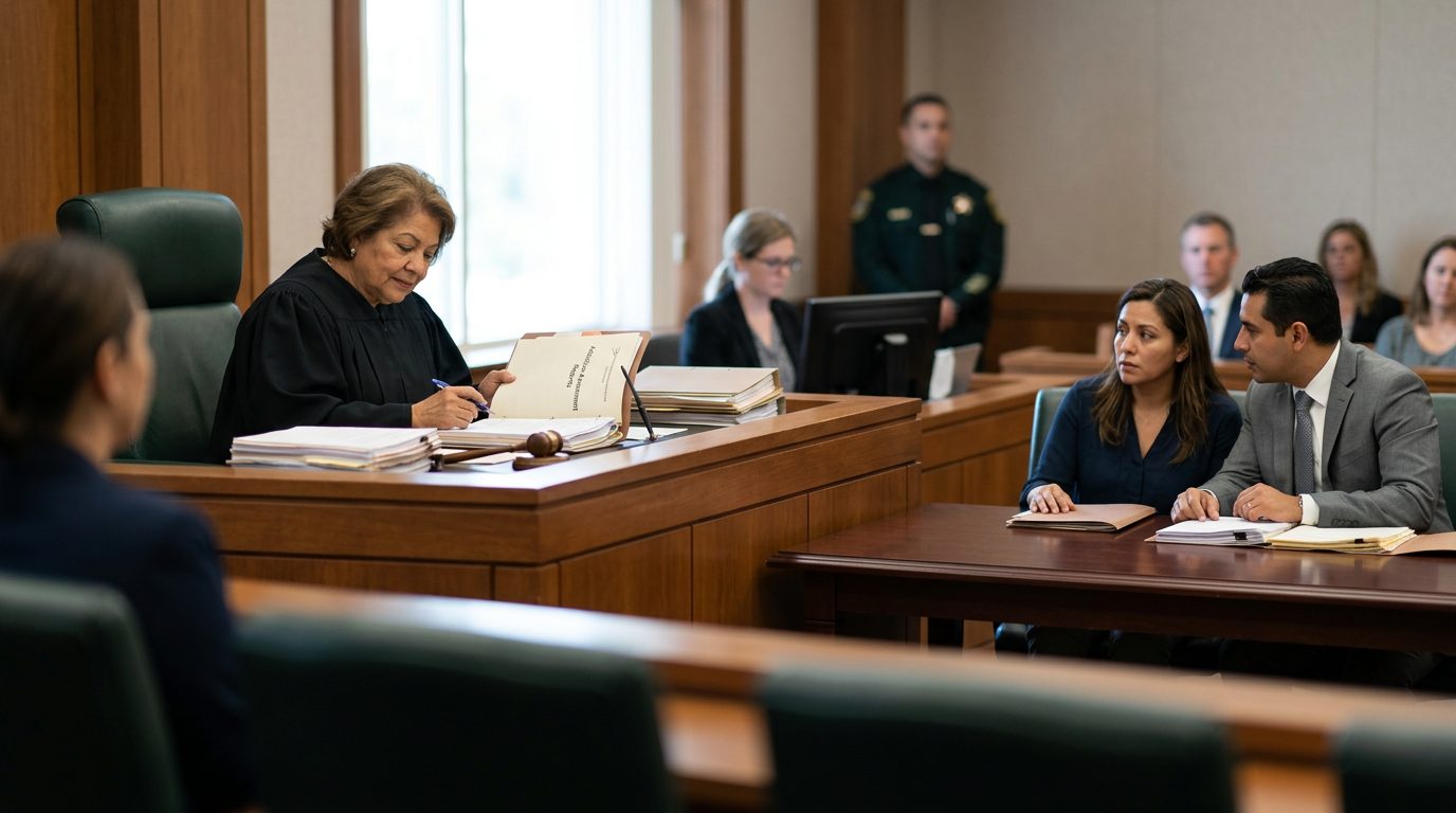 Juez revisando documentos de petición de compromiso involuntario en audiencia Marchman.
