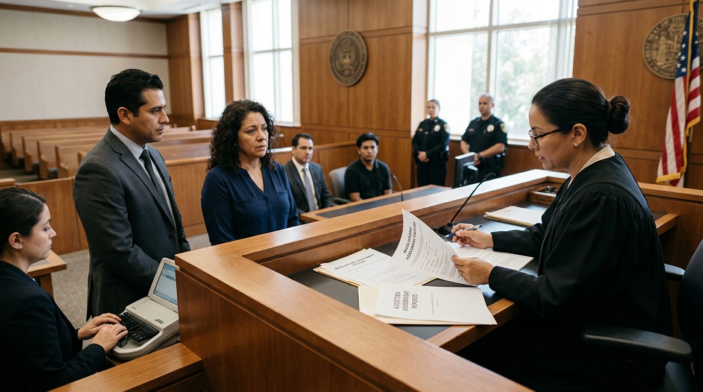 Juez revisando documentos de petición de compromiso involuntario en audiencia Marchman en sala de tribunal.