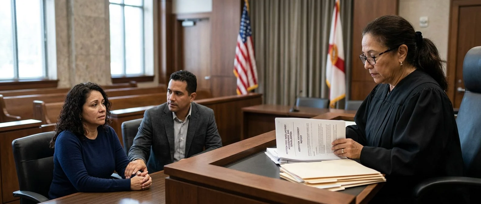 Juez revisando documentos de petición de internamiento involuntario en audiencia Marchman en tribunal de Florida.