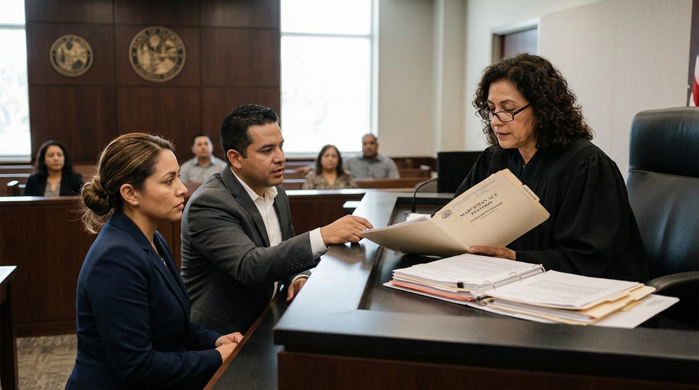 Juez revisando documentos de petición de internamiento involuntario en audiencia Marchman en Florida.