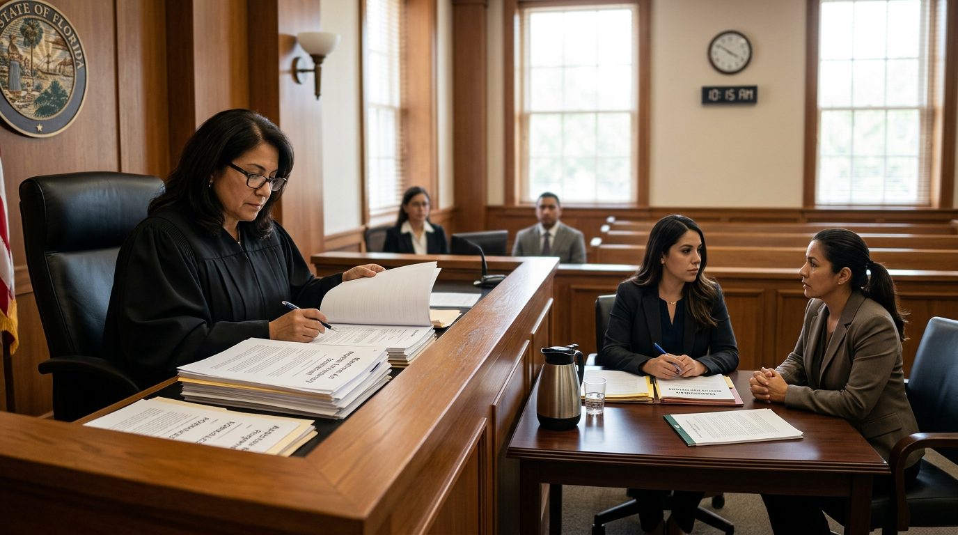 Juez revisando documentos de petición Marchman Act en sala de audiencias con abogado y reportes de evaluación.