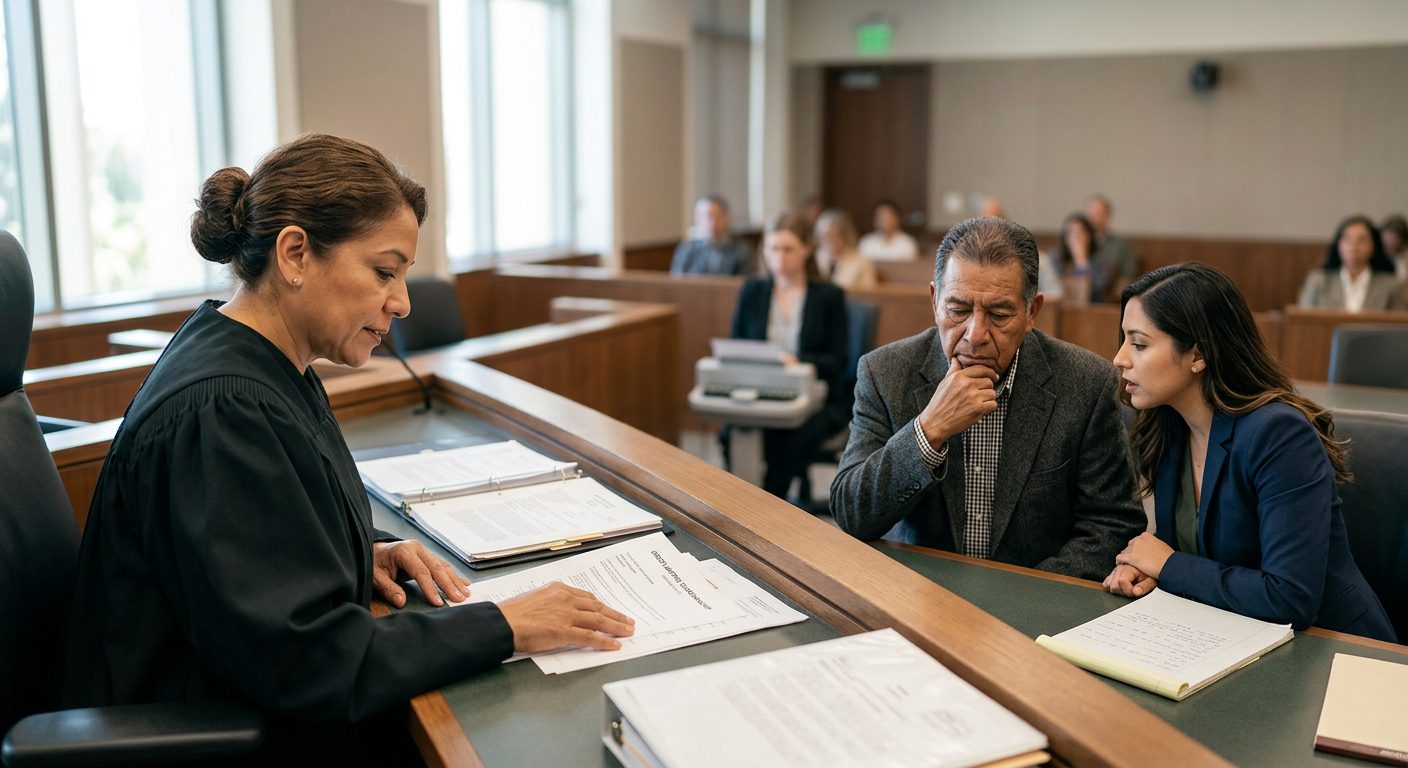 Juez revisando documentos de tutela limitada en audiencia con abogado y demandado presente.