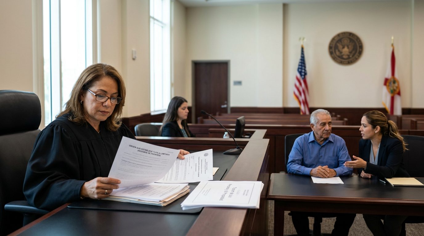 Juez revisando documentos de tutela limitada en audiencia de corte con abogados presentes.