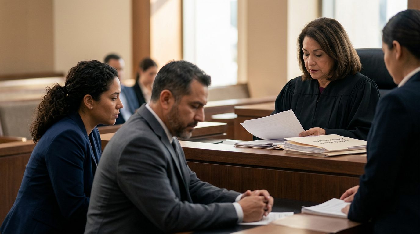 Juez revisando documentos de tutela limitada en audiencia judicial con abogado y demandado presente.