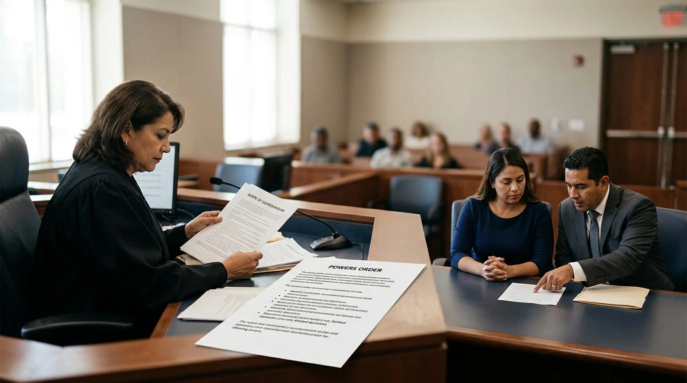 Juez revisando documentos de tutela limitada en audiencia judicial con abogado y demandado presente.