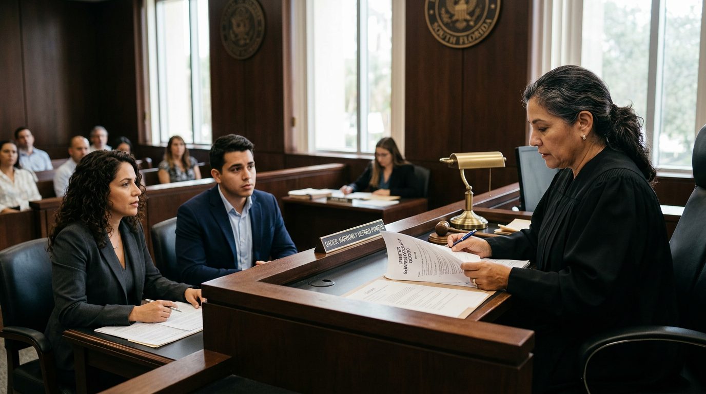 Juez revisando documentos de tutela limitada en sala de audiencias con abogados y partes presentes.