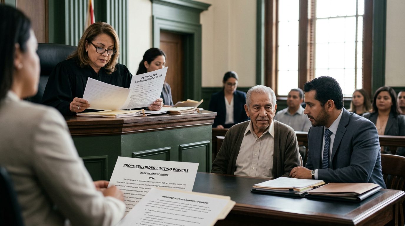 Juez revisando documentos de tutela limitada en sala de audiencias con abogados presentes.