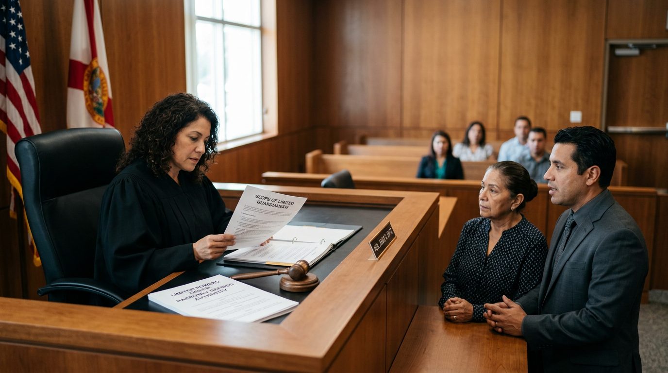 Juez revisando documentos de tutela limitada en sala de audiencias con abogados presentes.