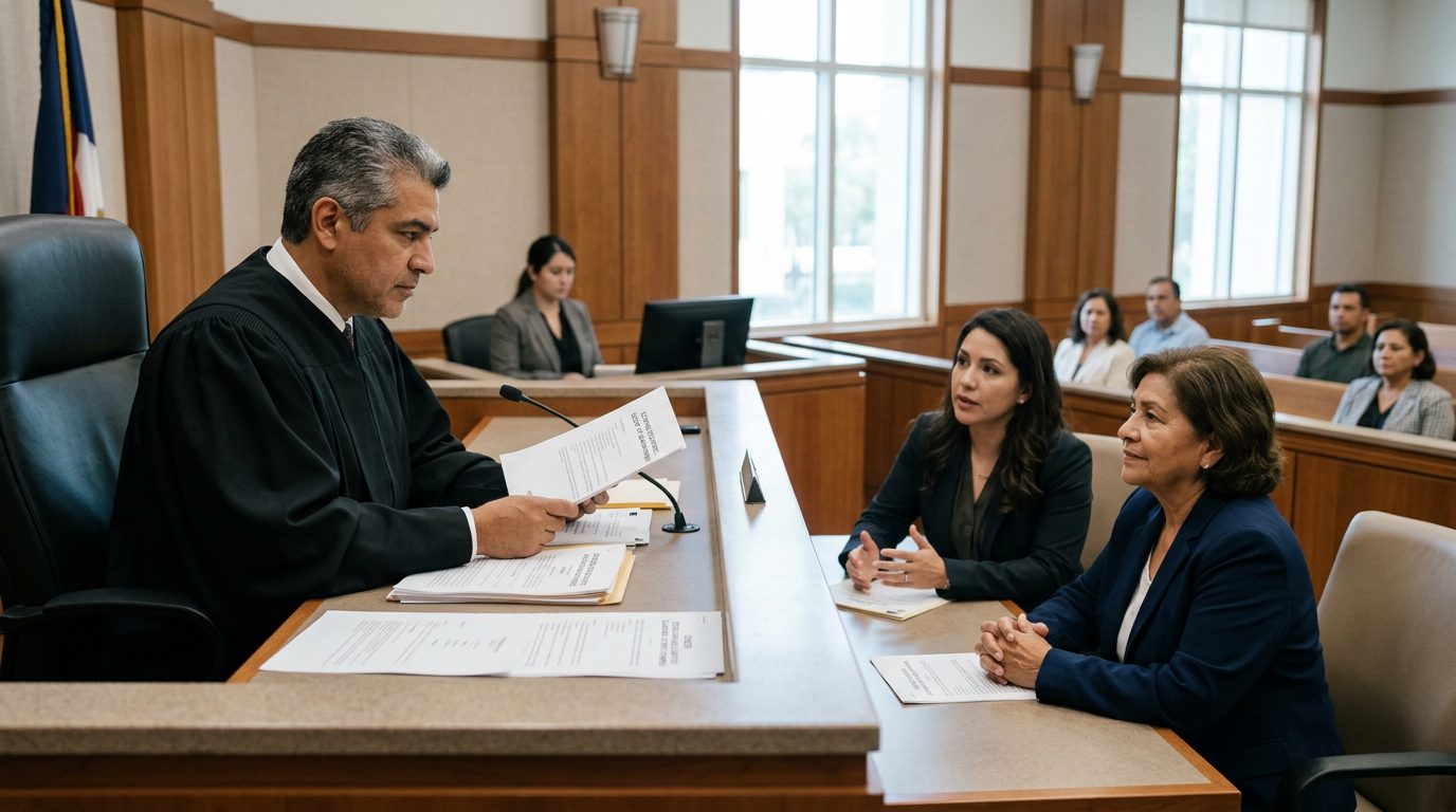 Juez revisando documentos de tutela limitada en sala de audiencias con abogados presentes.