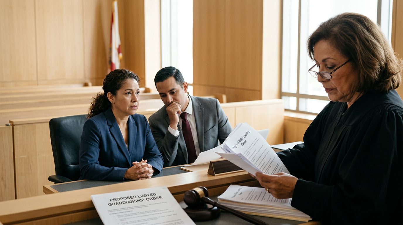 Juez revisando documentos de tutela limitada en sala de audiencias con abogados presentes.