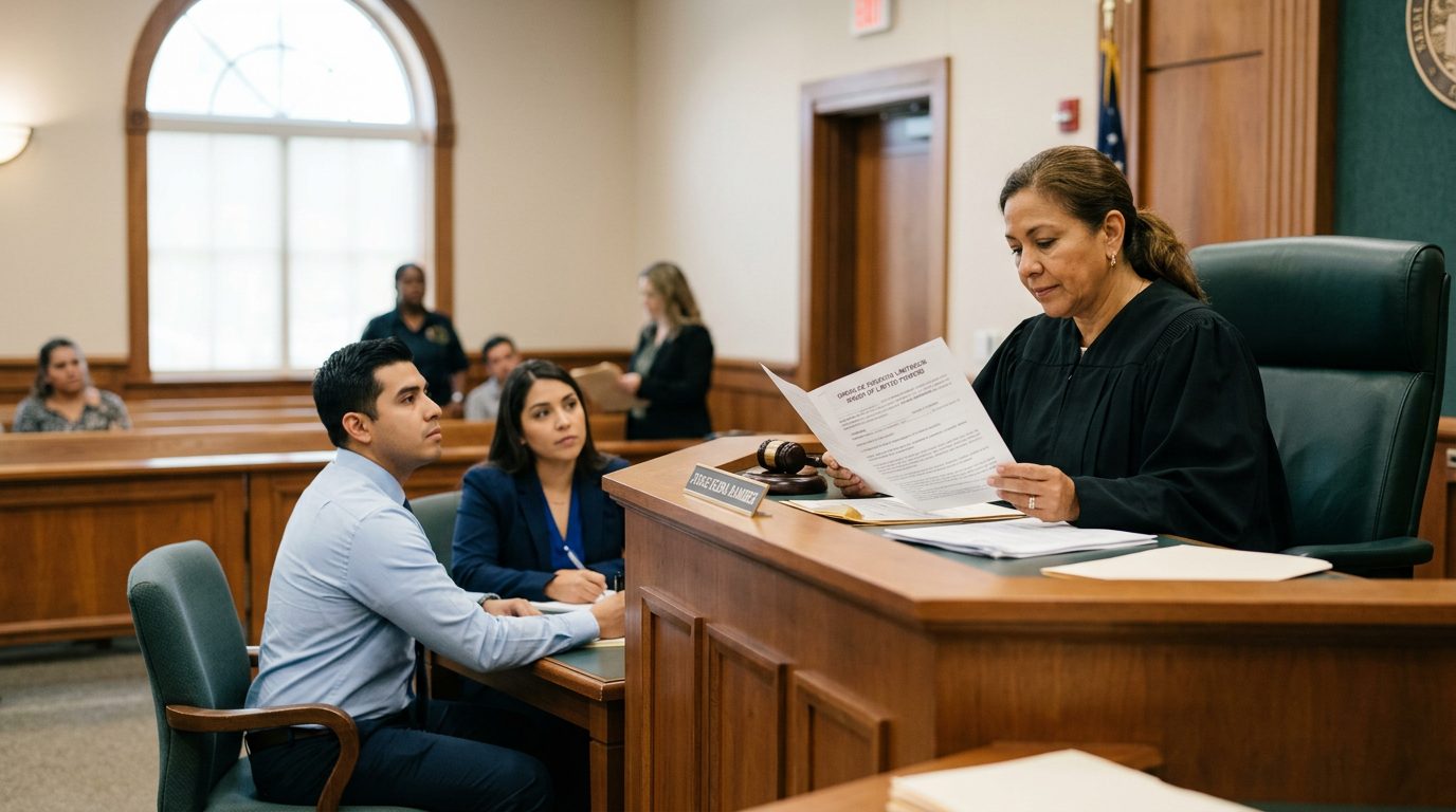 Juez revisando documentos de tutela limitada en sala de audiencias con abogados presentes.