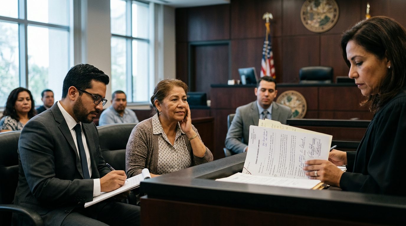 Juez revisando documentos de tutela temporal en sala de audiencias con abogados presentes.